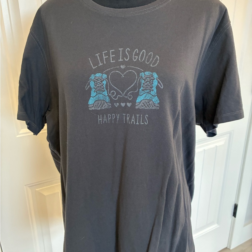 Life Is Good Gray T-Shirt with Blue Graphic